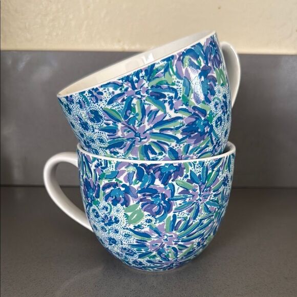 Lily Pulitzer | 2 Floral Blue and Green Ceramic Mugs - Picture 1 of 6